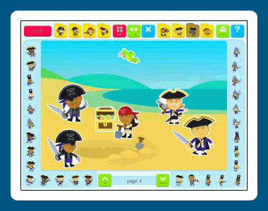 Create pirate scenes using the stickers and backgrounds.